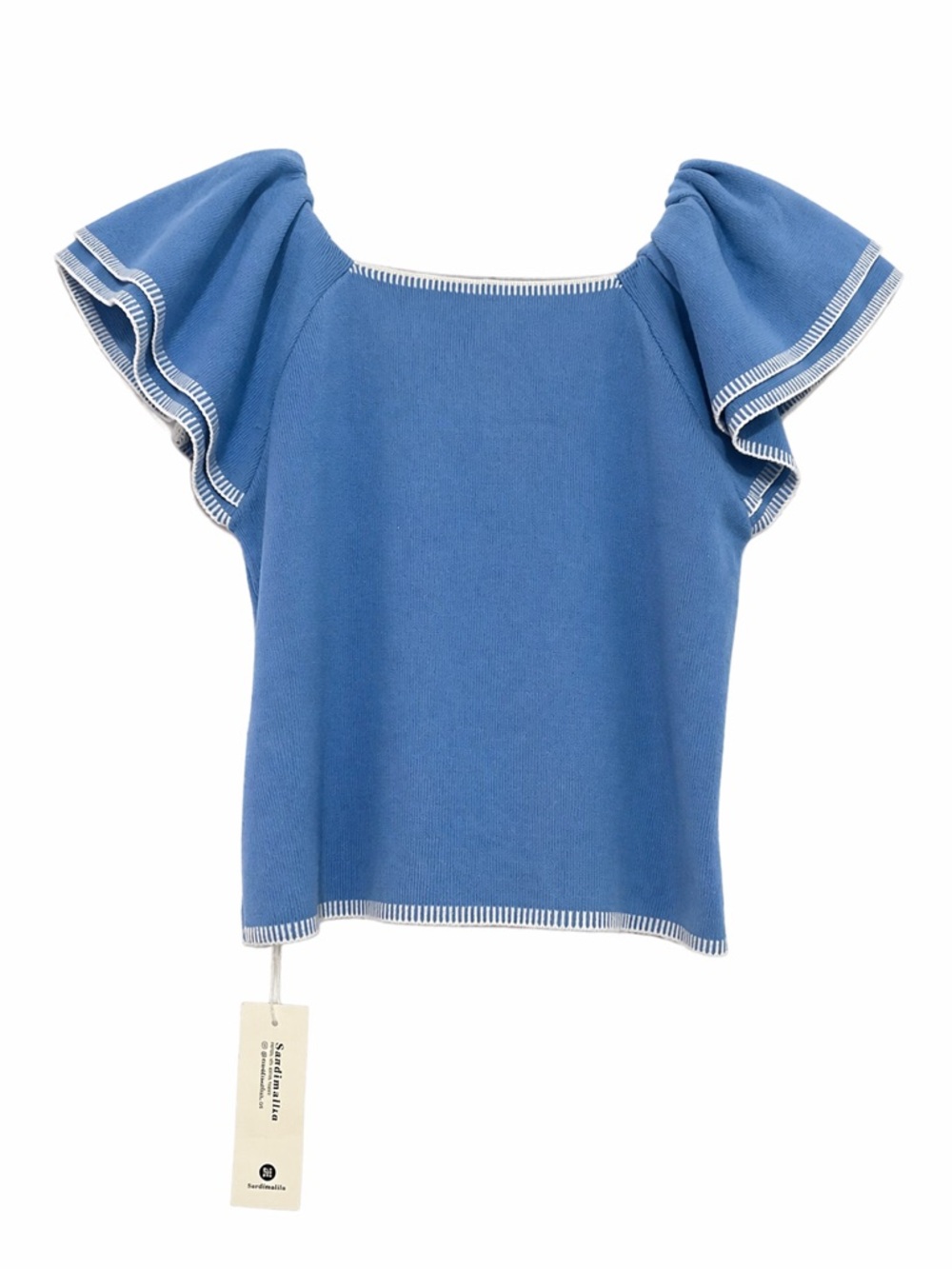Blue Ruffle Sleeve Knit Top - Picture 3 of 5